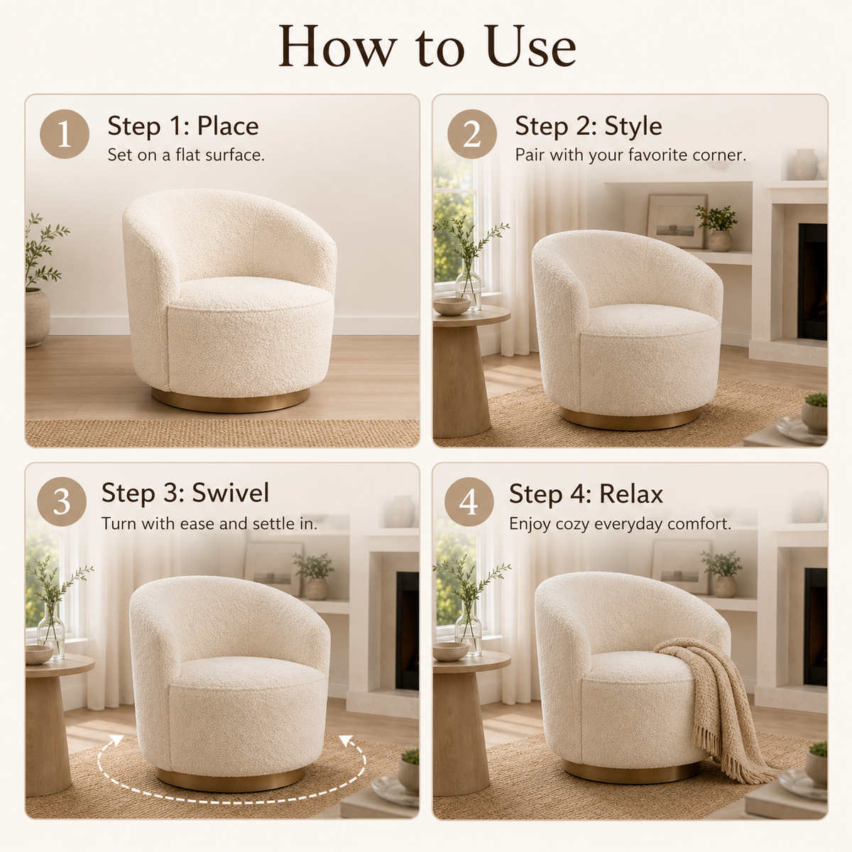 Boucle Swivel Accent Chair with Curved Barrel Design