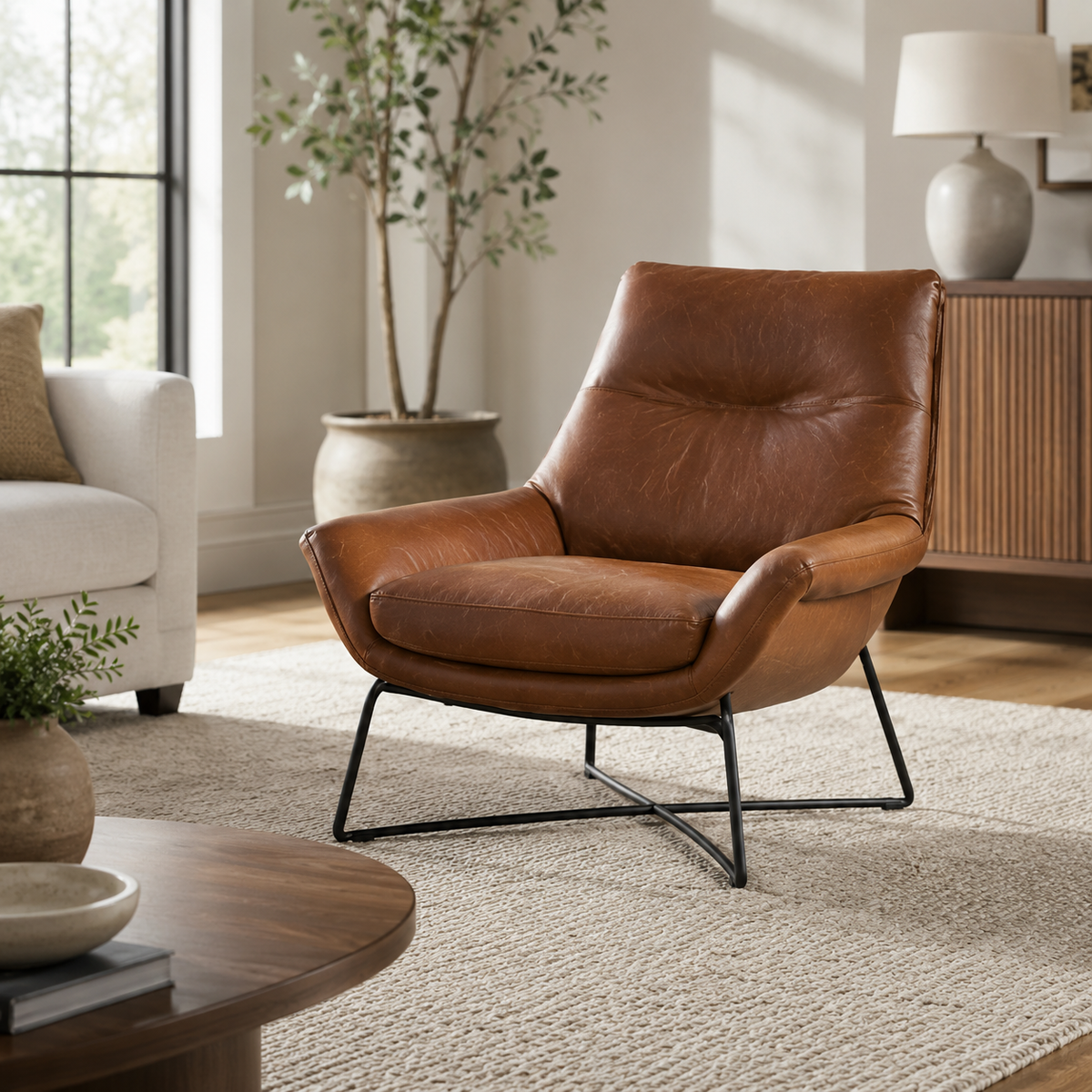 Modern Leather Accent Chair with Ergonomic Support and Metal Base