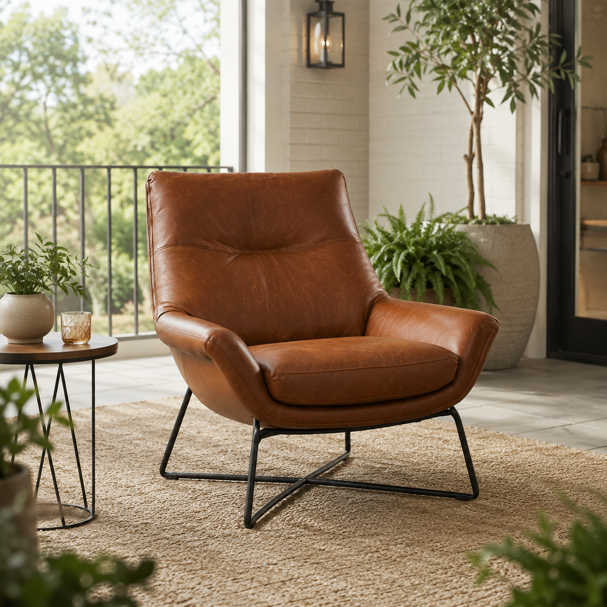 Modern Leather Accent Chair with Ergonomic Support and Metal Base