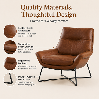 Modern Leather Accent Chair with Ergonomic Support and Metal Base