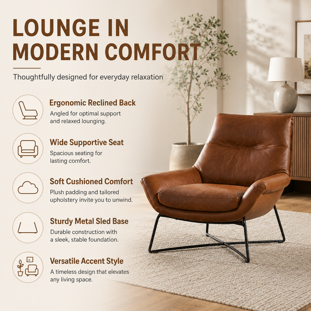 Modern Leather Accent Chair with Ergonomic Support and Metal Base