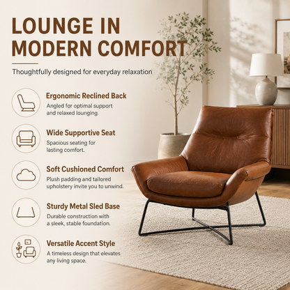 Modern Leather Accent Chair with Ergonomic Support and Metal Base