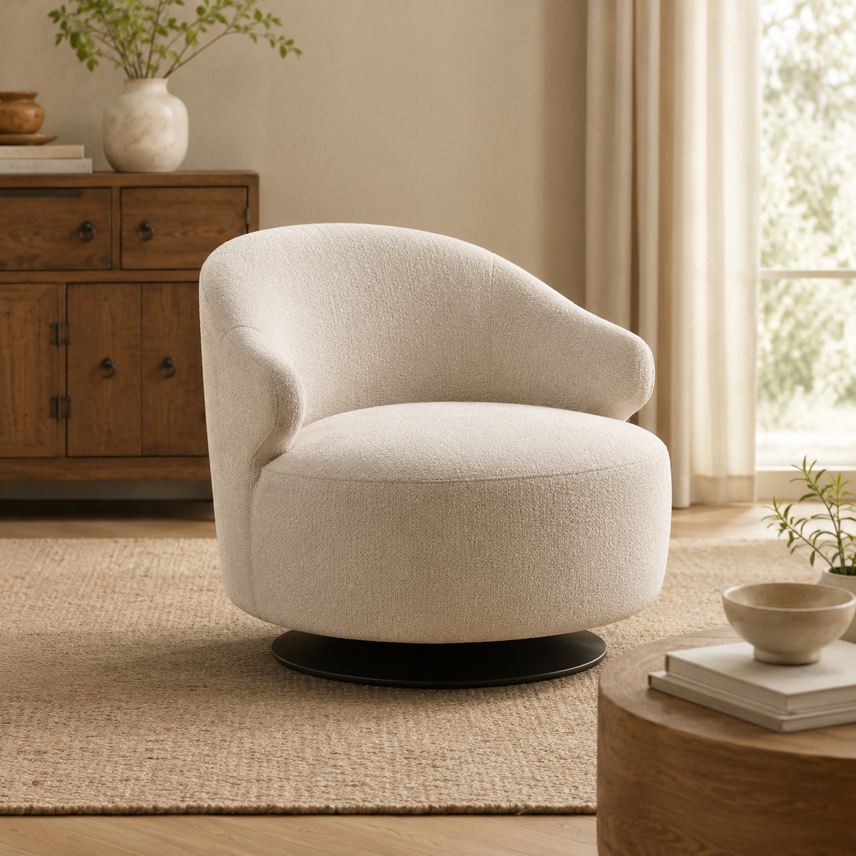Contemporary Curved Accent Chair with 360° Swivel Base and Comfortable Deep Seat