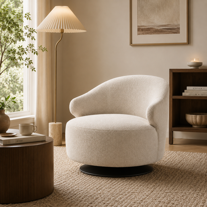 Contemporary Curved Accent Chair with 360° Swivel Base and Comfortable Deep Seat