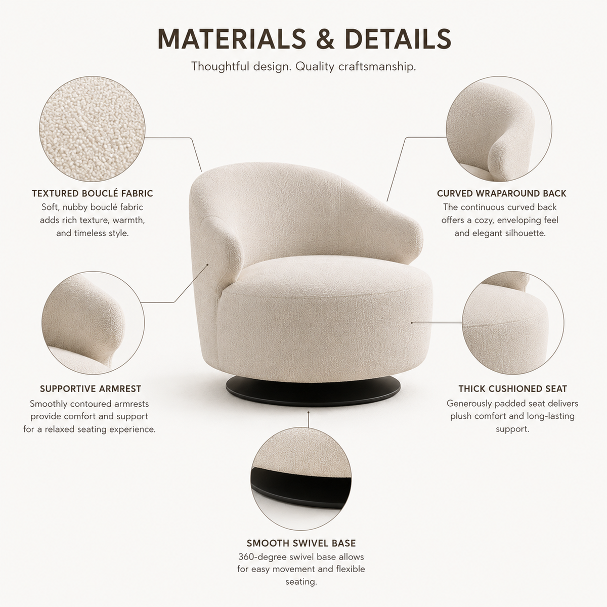 Contemporary Curved Accent Chair with 360° Swivel Base and Comfortable Deep Seat