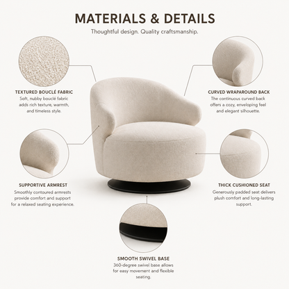 Contemporary Curved Accent Chair with 360° Swivel Base and Comfortable Deep Seat