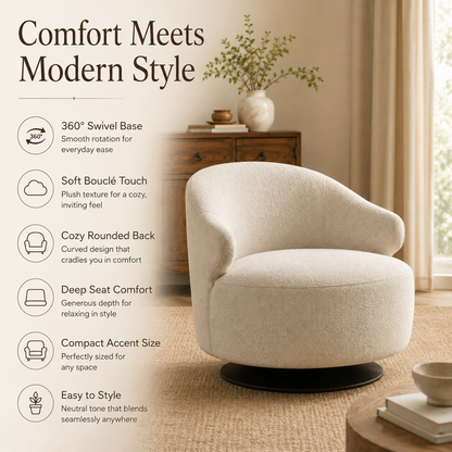 Contemporary Curved Accent Chair with 360° Swivel Base and Comfortable Deep Seat