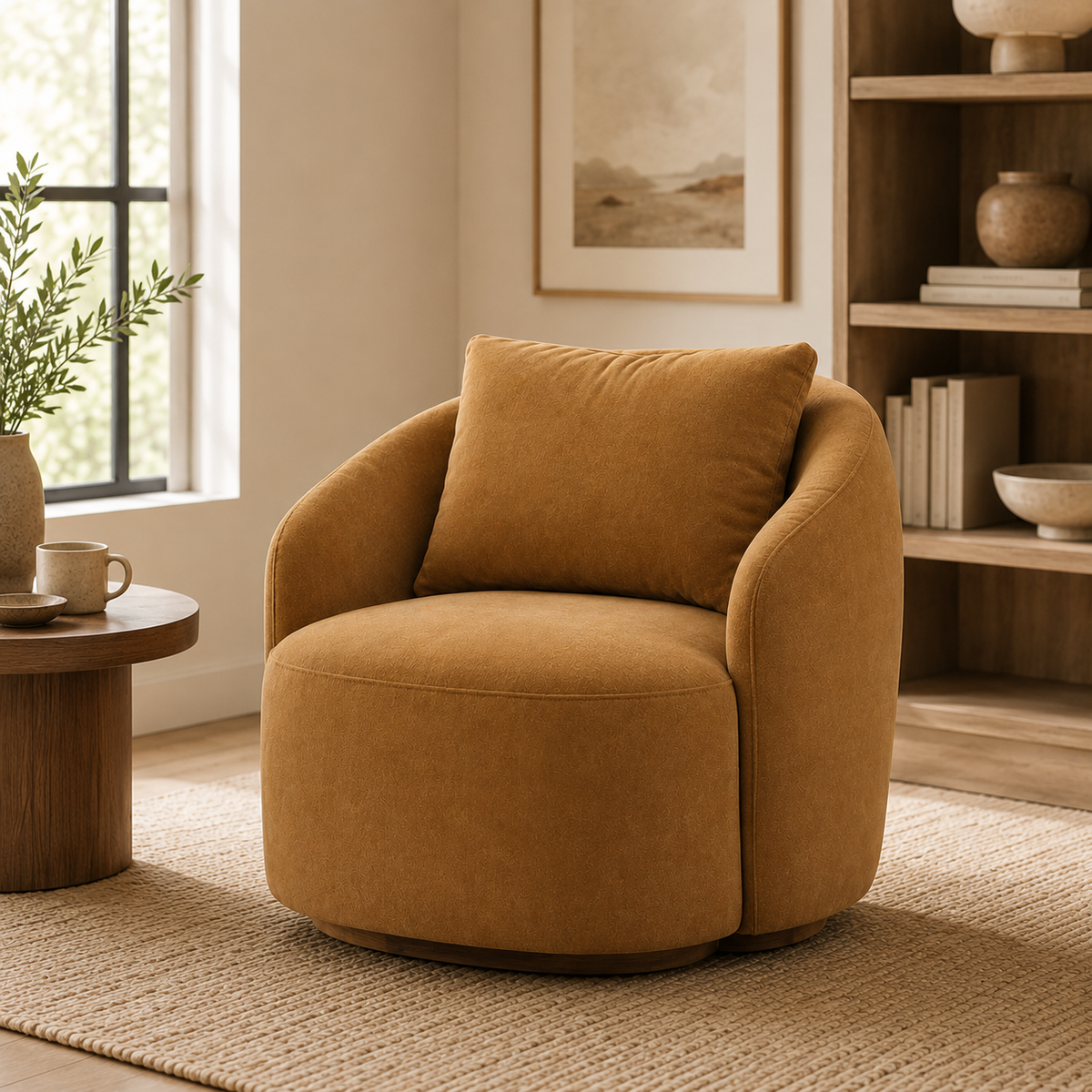 Modern Curved Accent Chair with Deep Comfort Seat and Upholstered Arms