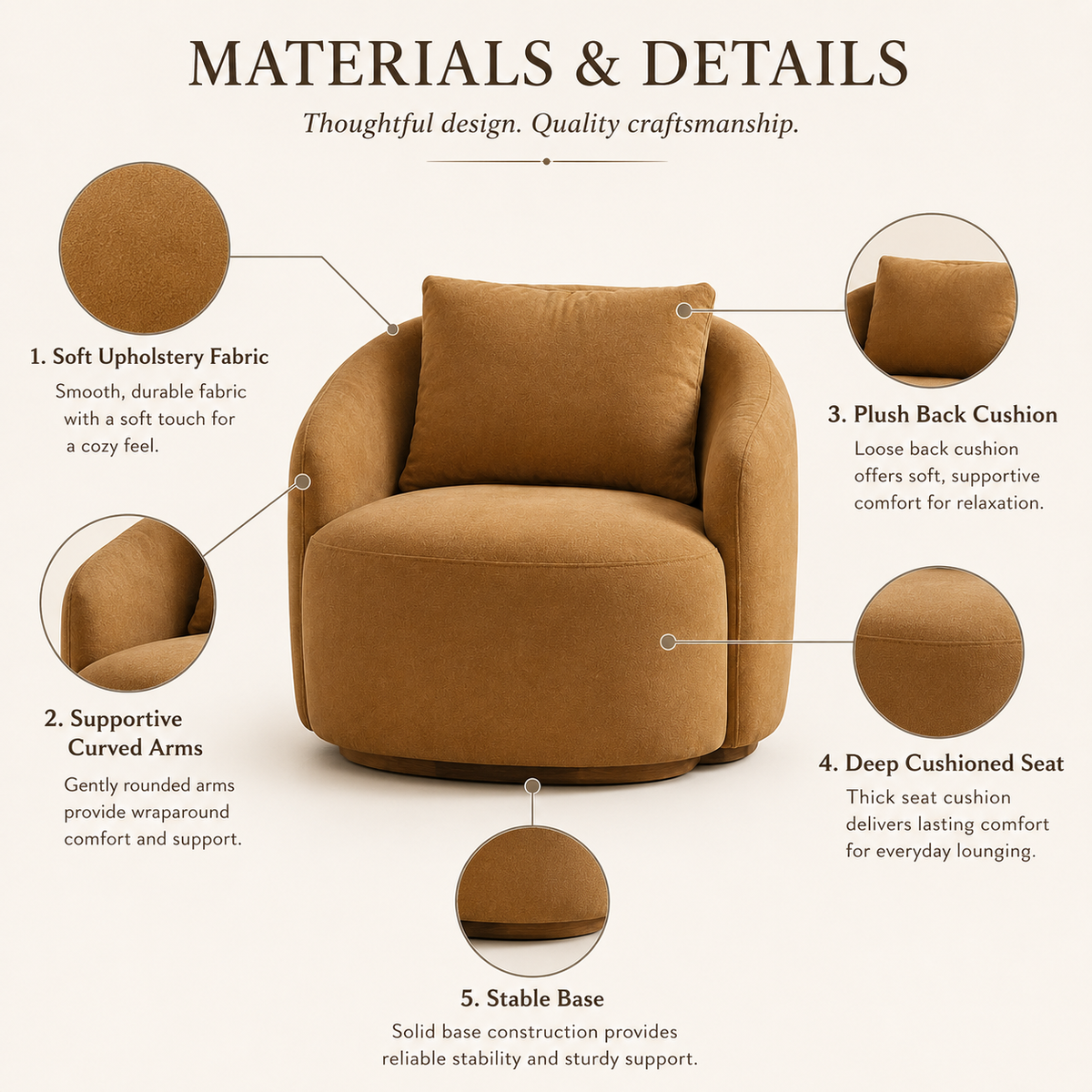 Modern Curved Accent Chair with Deep Comfort Seat and Upholstered Arms