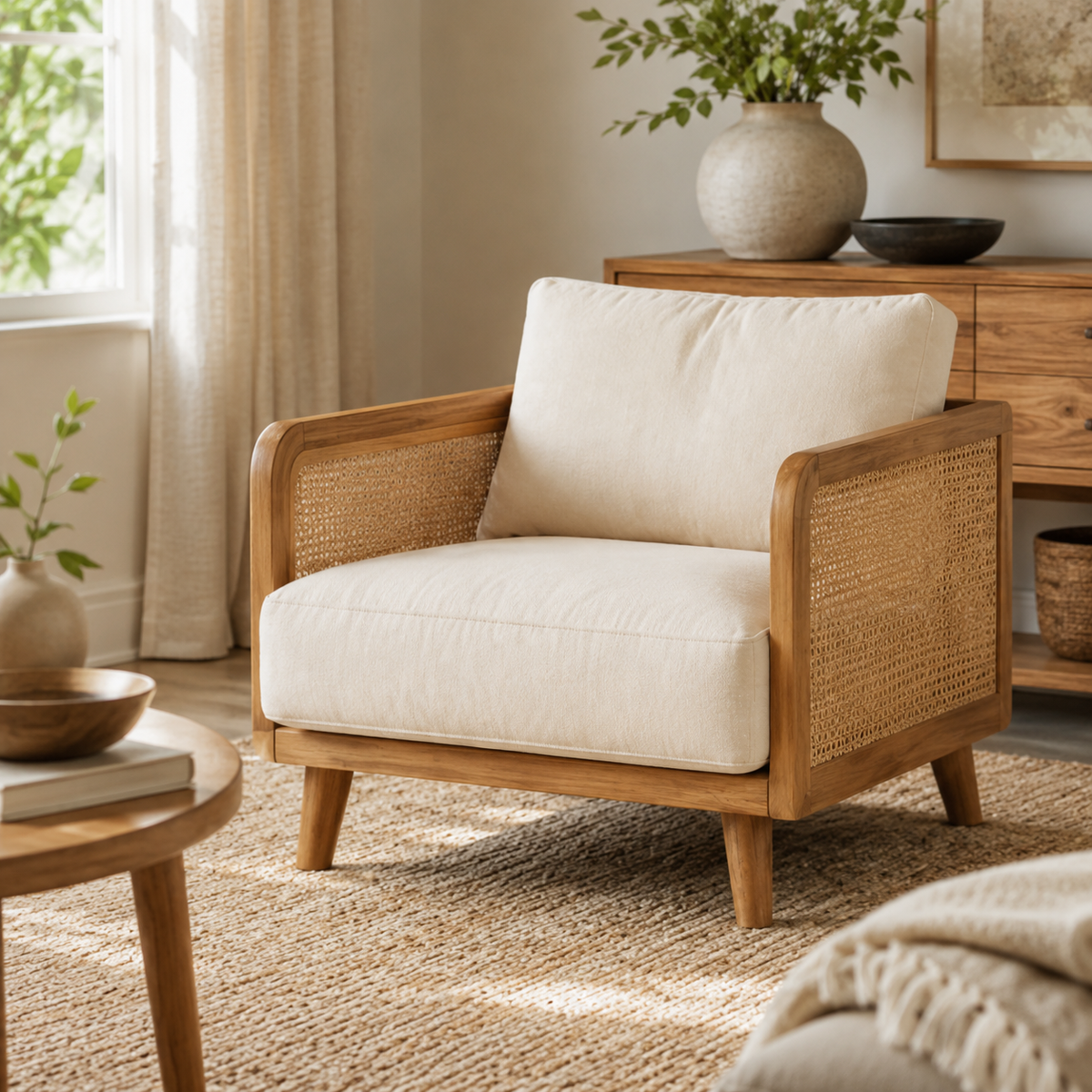Modern Cane Accent Chair with Solid Wood Frame and Soft Cushioned Seat