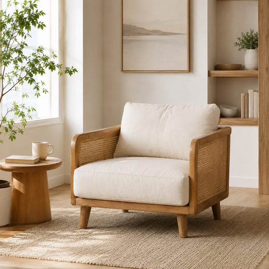 Modern Cane Accent Chair with Solid Wood Frame and Soft Cushioned Seat