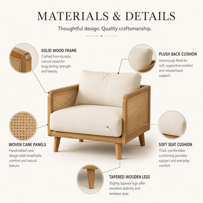 Modern Cane Accent Chair with Solid Wood Frame and Soft Cushioned Seat