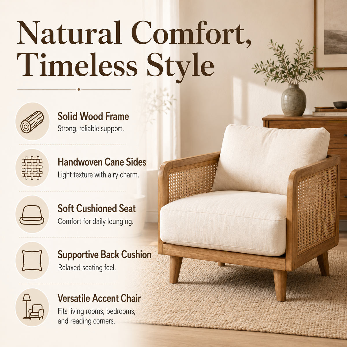 Modern Cane Accent Chair with Solid Wood Frame and Soft Cushioned Seat