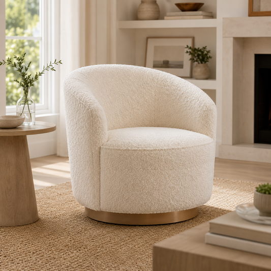 Boucle Swivel Accent Chair with Curved Barrel Design