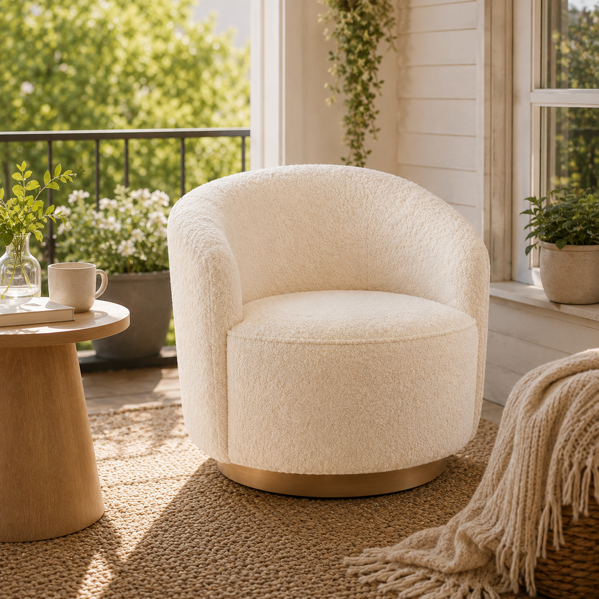 Boucle Swivel Accent Chair with Curved Barrel Design