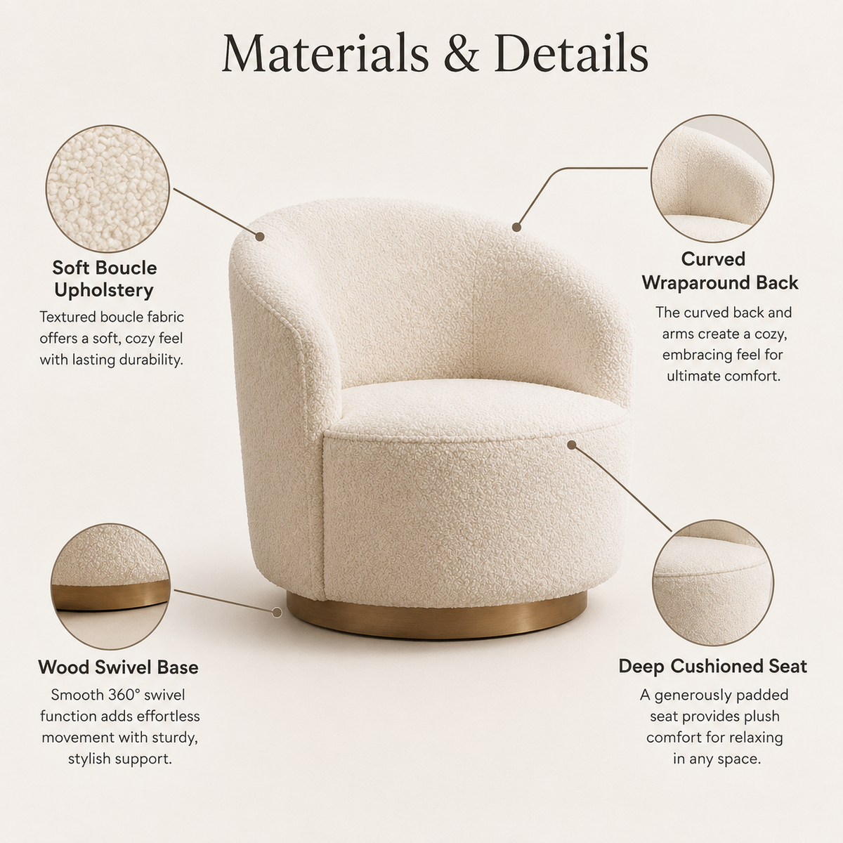 Boucle Swivel Accent Chair with Curved Barrel Design