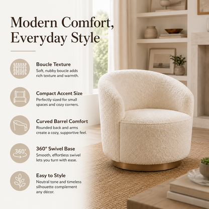 Boucle Swivel Accent Chair with Curved Barrel Design