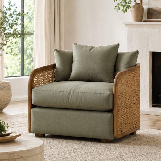 Rattan Accent Chair with Solid Wood Frame and Plush Cushion